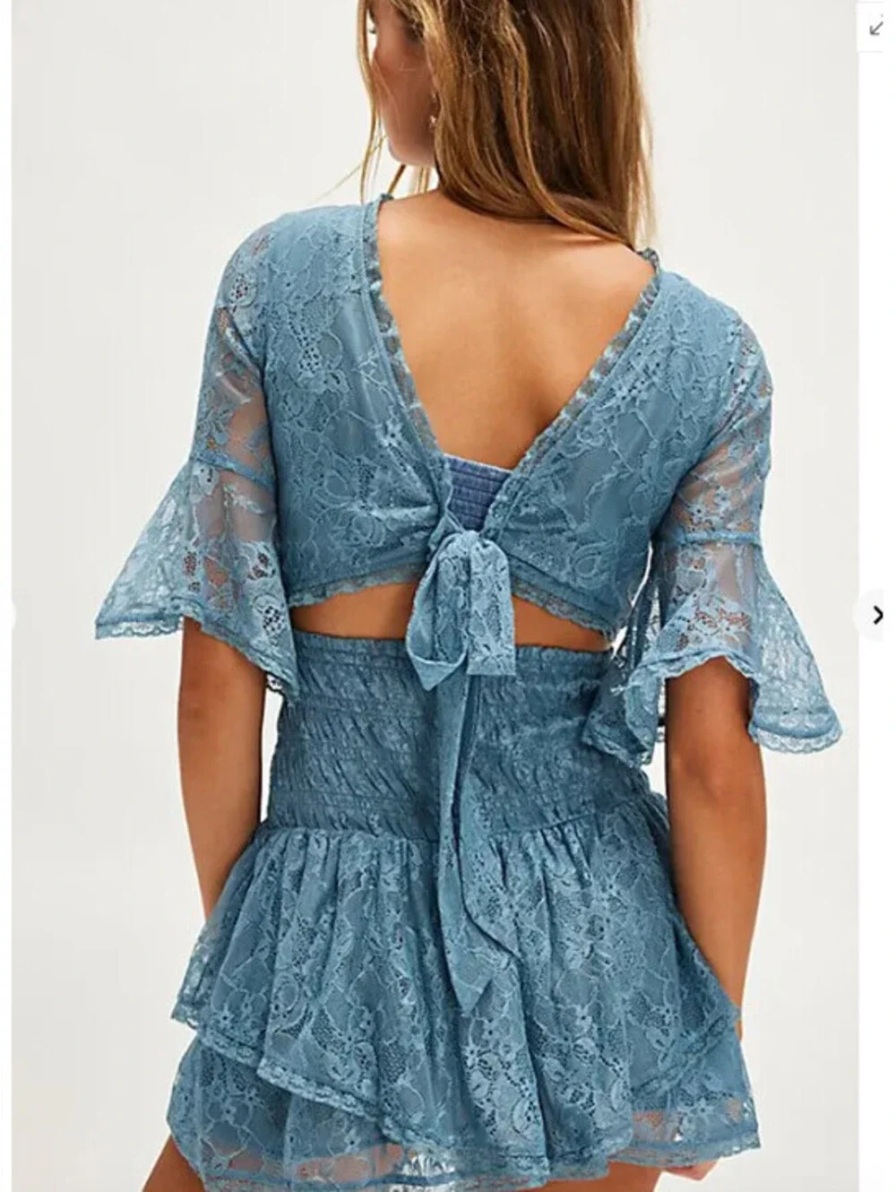 Free People Lala Lace Sheer Reversible V-Neck Mini Dress Baby Blue Sz S $128msrp